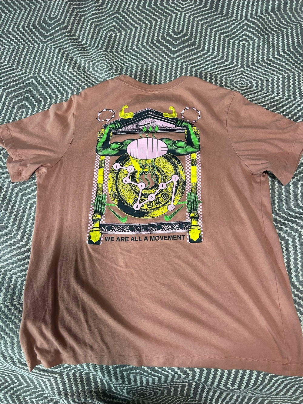 Nike Men's Short Sleeve Graphic Tee - Dusty Pink with Neon Green & Yellow Print